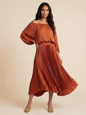 A.L.C.‎ Sienna Satin Pleated Off Shoulder Midi Dress, Red Rock, Size 8, NWOT